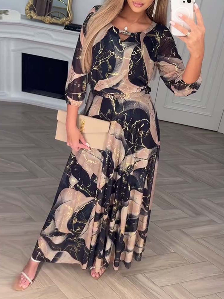 Elegant Three Quarter Sleeve Printed Waist Dress