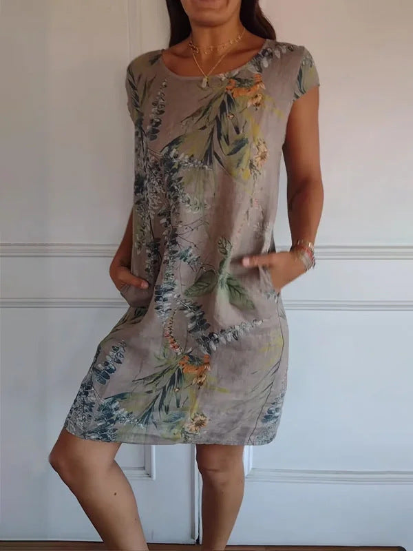 Short Sleeve Printed Pocket Crew Dress