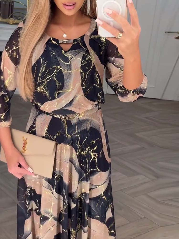 Elegant Three Quarter Sleeve Printed Waist Dress