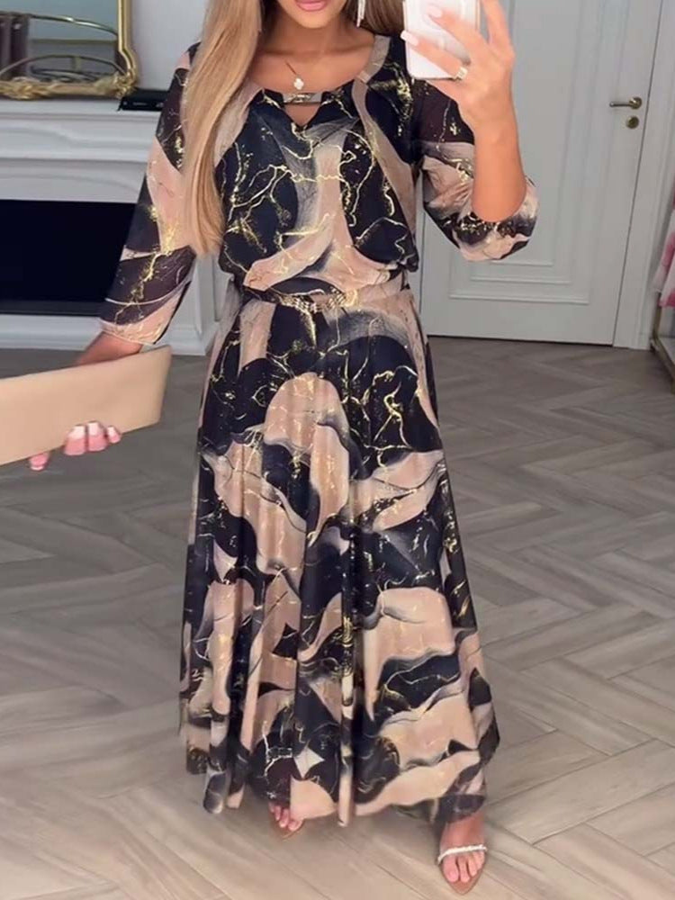Elegant Three Quarter Sleeve Printed Waist Dress
