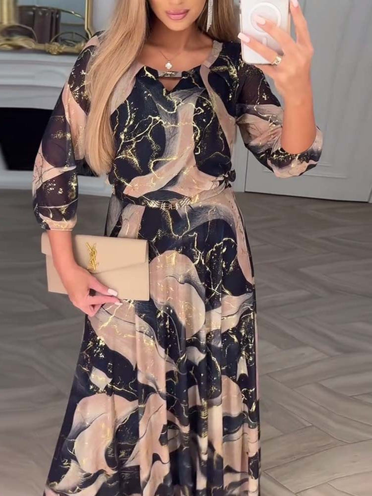 Elegant Three Quarter Sleeve Printed Waist Dress