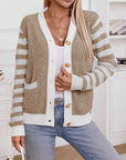 Womens Striped Buttoned Long Sleeve Casual Knit Cardigan