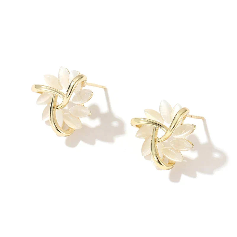 Gold Circle Earrings with Opal Petal