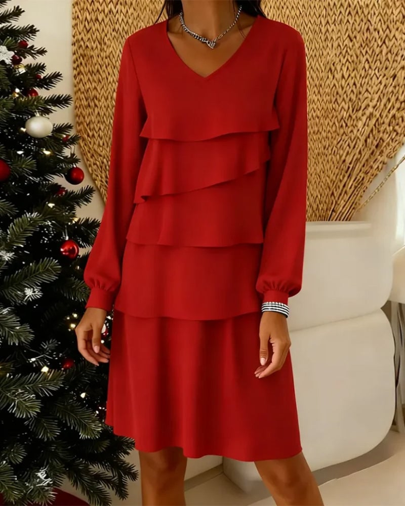 V-Neck Long Sleeve Tier Layer Dress