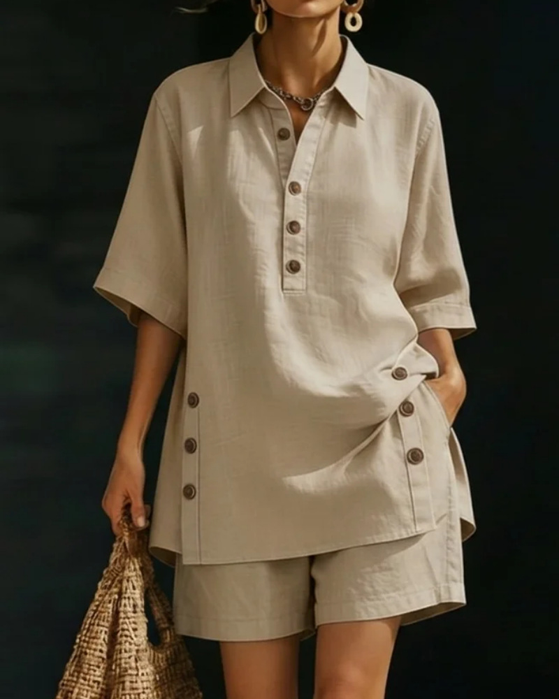 Shirt Collar Half-Placket Casual Two-Piece Set