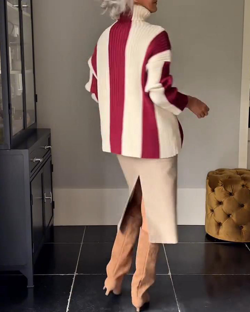 High Collar Vertical Striped Sweater