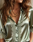 Satin Lapel Shirt With Lace Trim