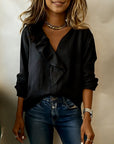 Ruffled Solid-Color Long-Sleeved Blouse