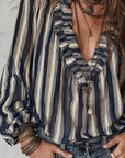 Deep V Vertical Striped Loose Blouse