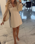 Three-Dimensional Flower V-Neck Lantern Sleeve Dress VIP