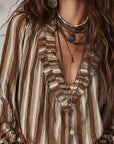 Deep V Vertical Striped Loose Blouse