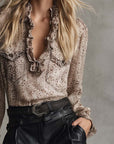 Vintage Lantern Sleeve Ruffled V-Neck Blouse