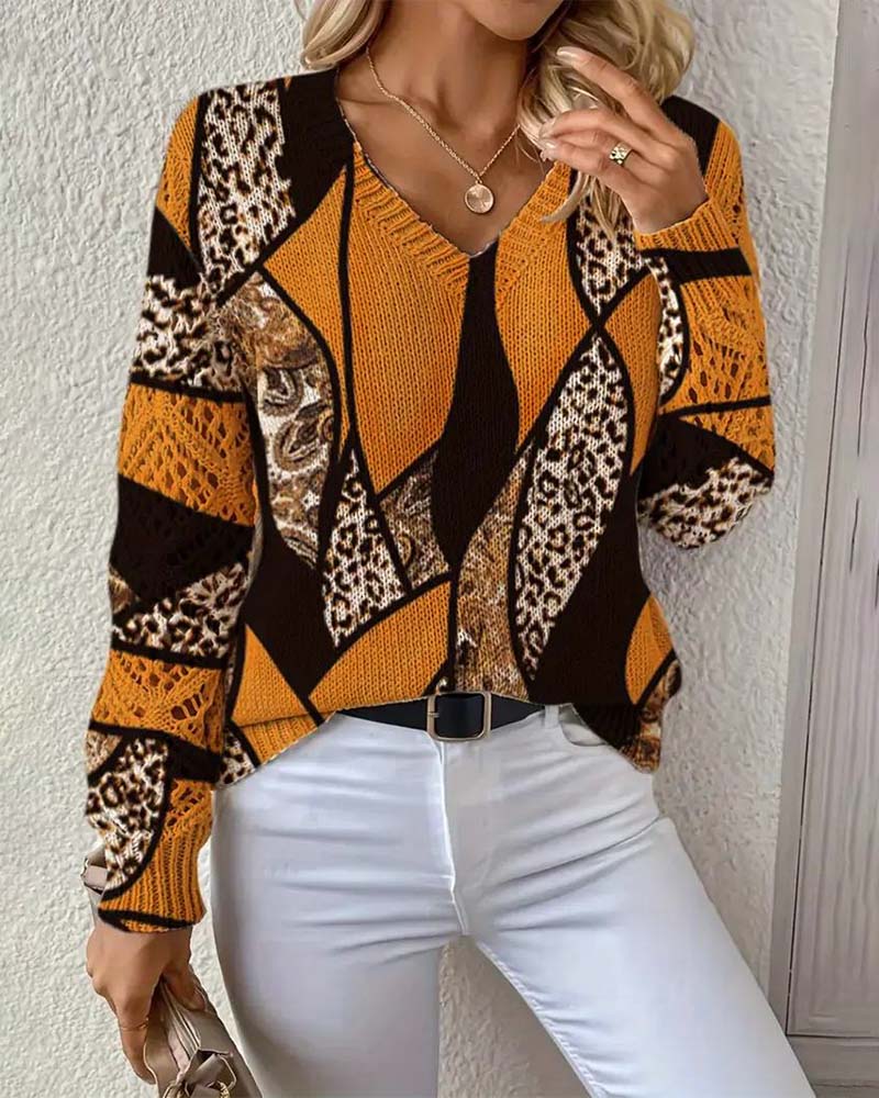 V-Neck Hollow Leopard Print Sweater