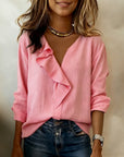 Ruffled Solid-Color Long-Sleeved Blouse