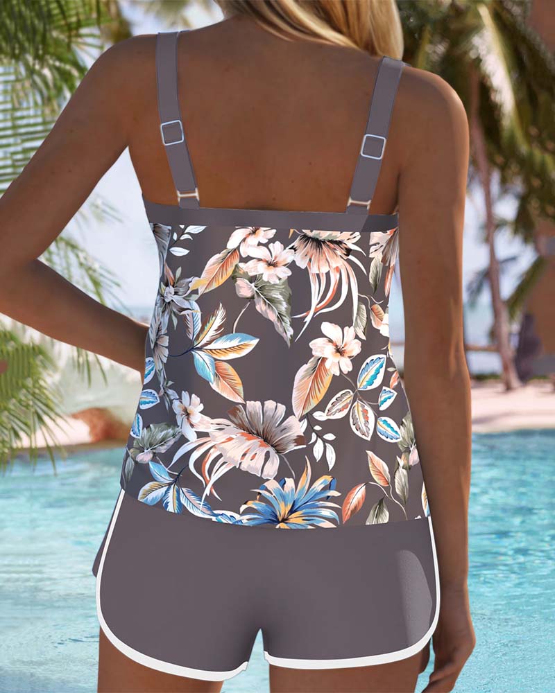 Square Neck Sleeveless Printed Tankini