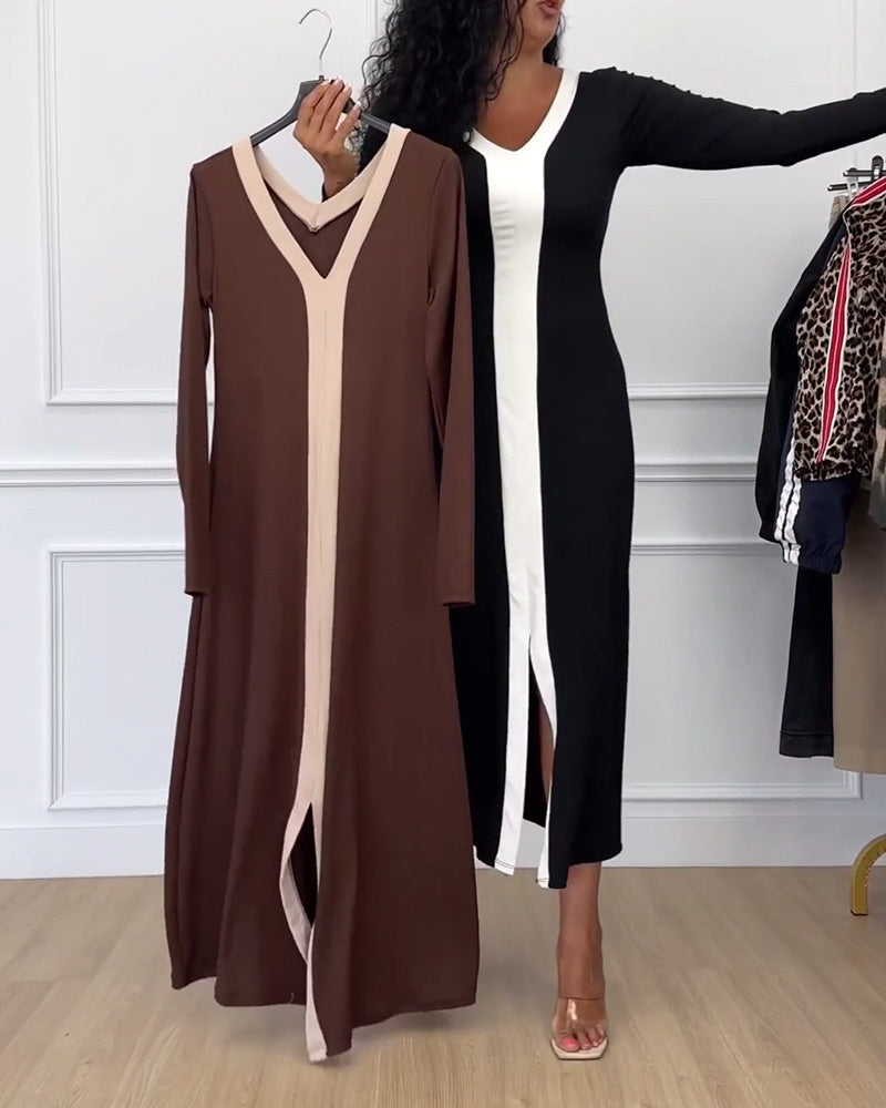 Contrast Color V-Neck Slit Elegant Dress