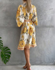 French Lantern Sleeve Notched Collar Printed Dress