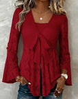 Solid Color Bell Sleeve V-Neck Blouse