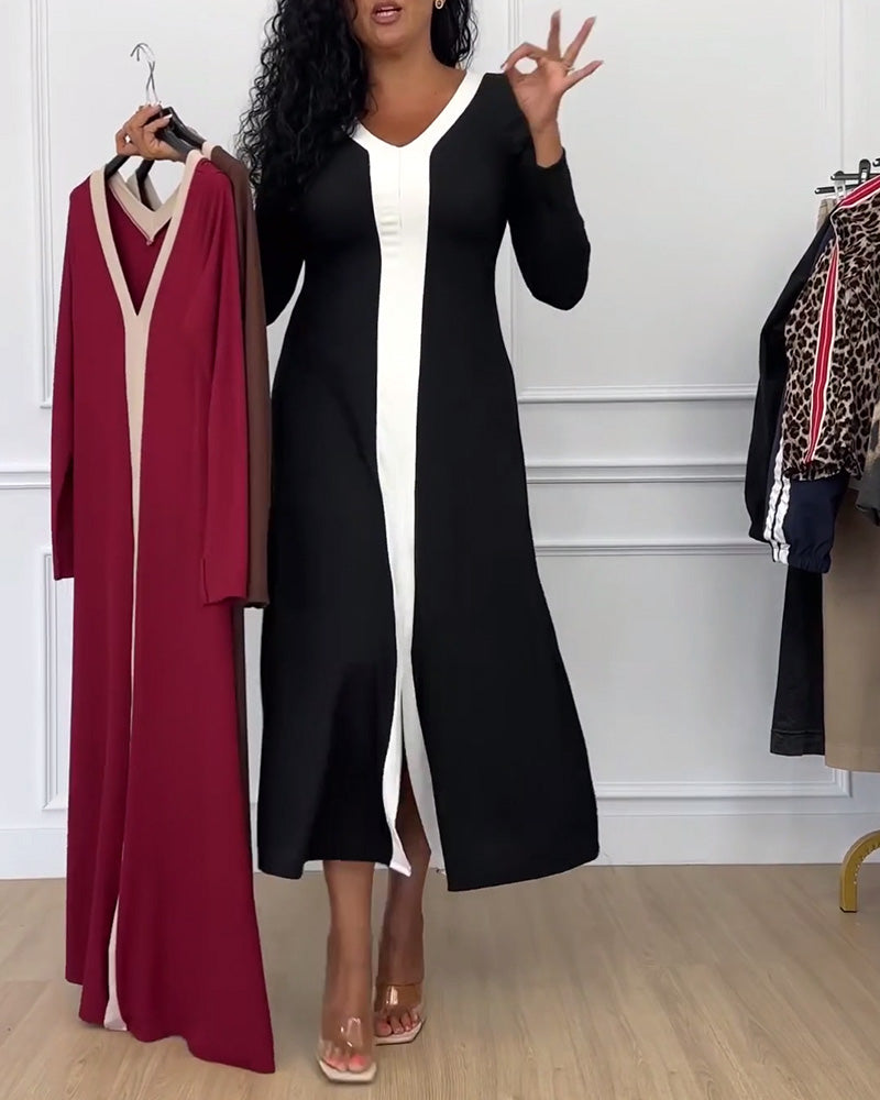 Contrast Color V-Neck Slit Elegant Dress
