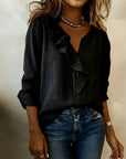 Ruffled Solid-Color Long-Sleeved Blouse