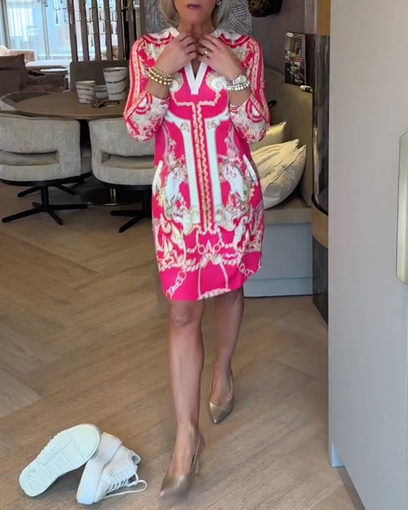 V-Neck Three-Quarter Sleeve Printed Straight Dress