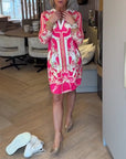 V-Neck Three-Quarter Sleeve Printed Straight Dress