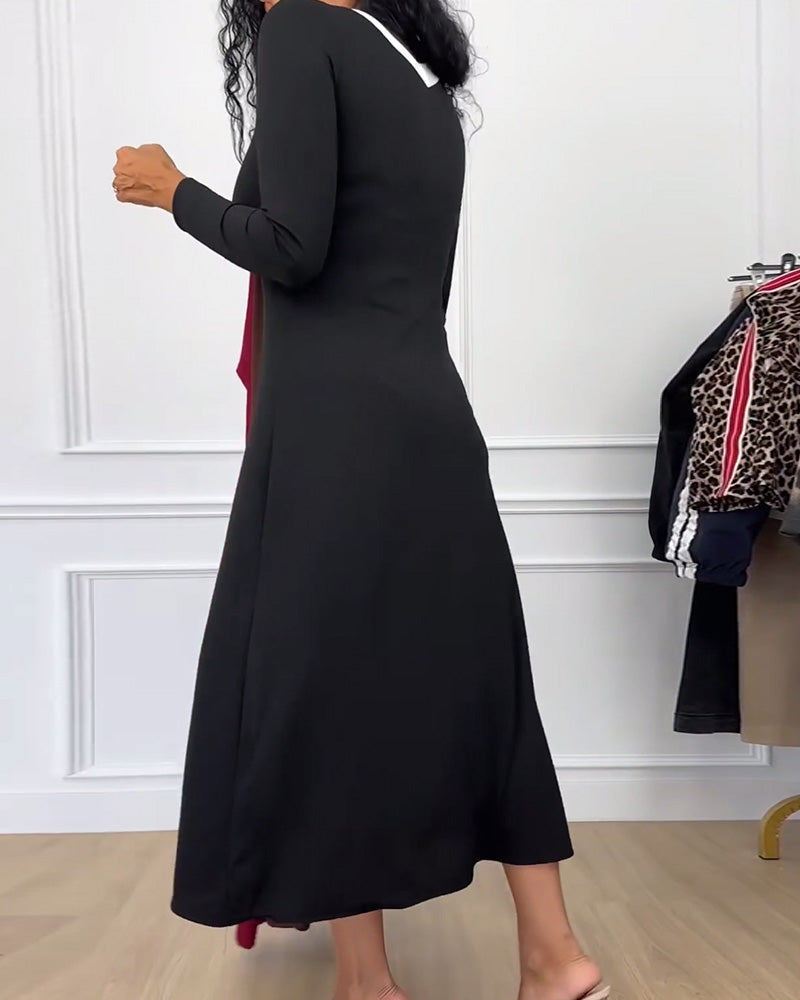Contrast Color V-Neck Slit Elegant Dress