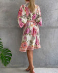 French Lantern Sleeve Notched Collar Printed Dress