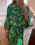 Temperament Printed Lantern Sleeves Casual Dress Set