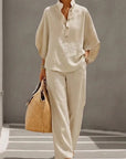 Stand Collar Batwing Sleeve Wide-Leg Pants Set