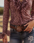 Ruffled V-Neck Leopard Print Blouse