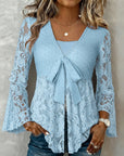 Solid Color Bell Sleeve V-Neck Blouse