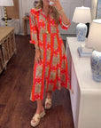 Long Sleeve Lapel Printed Maxi Dress