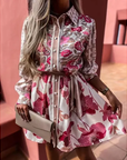 French Lantern Sleeve Notched Collar Printed Dress