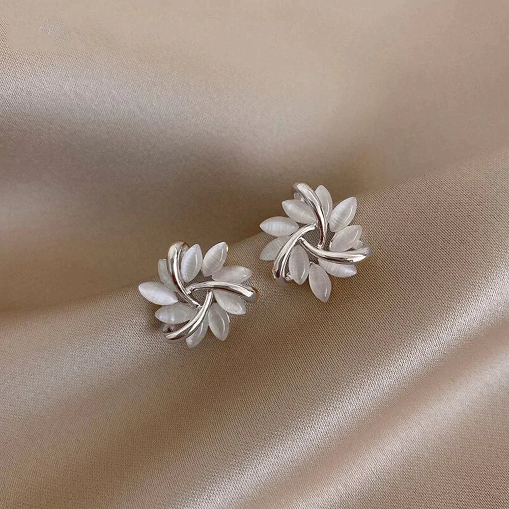 Gold Circle Earrings with Opal Petal